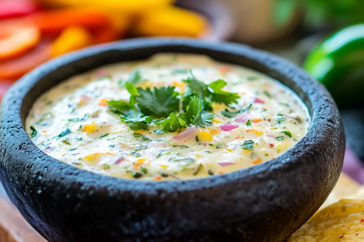 Bowl of creamy jalapeño dip garnished with fresh cilantro and served with tortilla chips.