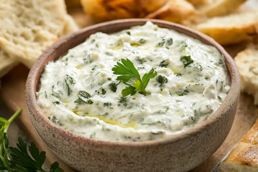 Bowl of creamy jalapeño dip garnished with fresh cilantro and served with tortilla chips.