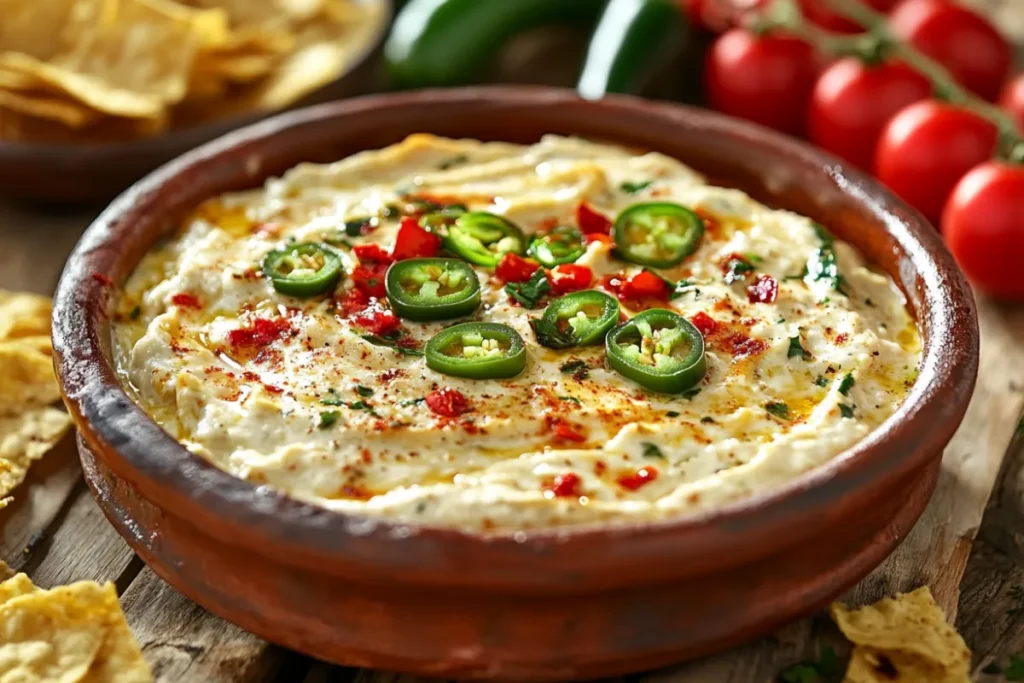 Bowl of creamy jalapeño dip garnished with fresh cilantro and served with tortilla chips.