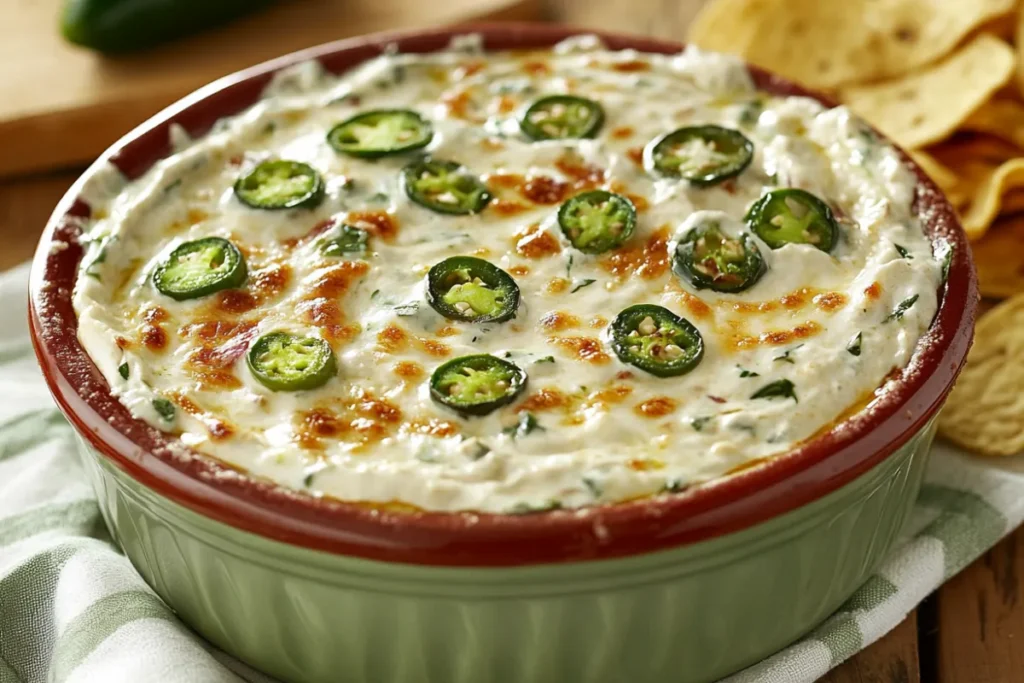 Bowl of creamy jalapeño dip garnished with fresh cilantro and served with tortilla chips.