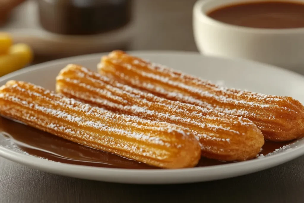 Close-up of freshly made churros coated in cinnamon sugar on a plate with a dipping sauce. churro