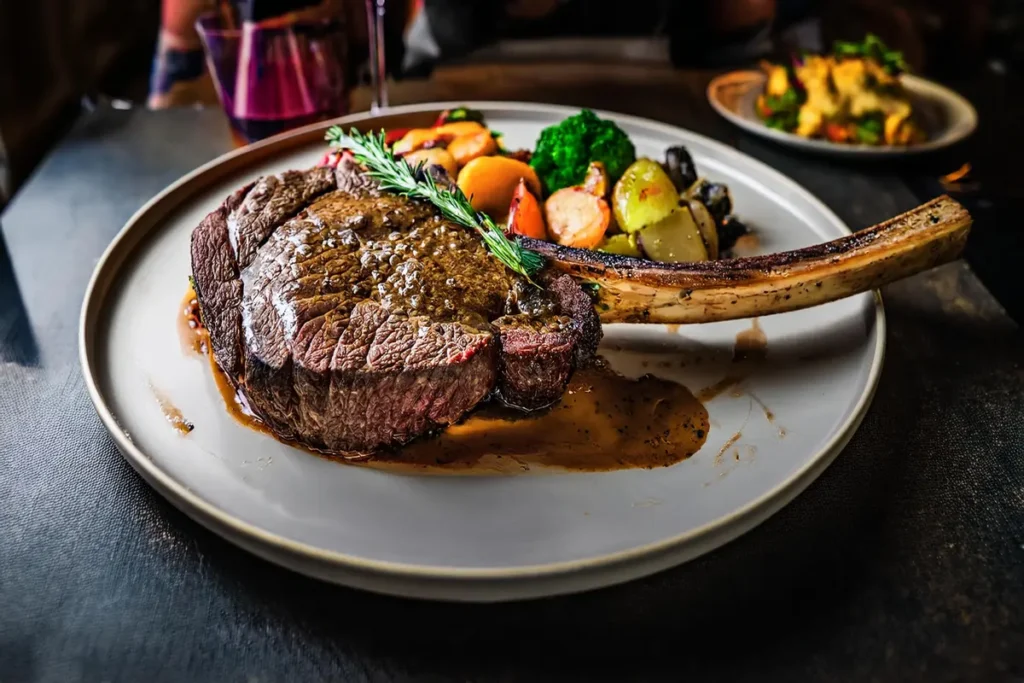 Perfectly grilled tomahawk steak with a long bone, served on a wooden cutting board with rosemary and garlic cloves.