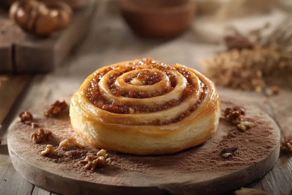 Close-up of a cinnamon bun and cinnamon roll side by side, highlighting their distinct textures and toppings.