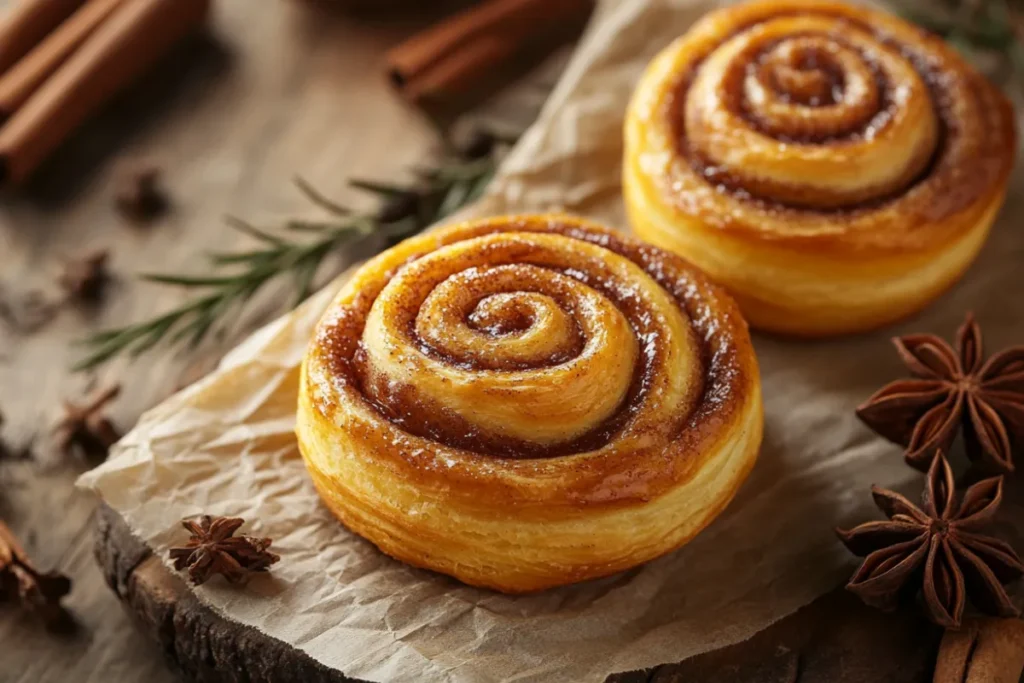 Close-up of a cinnamon bun and cinnamon roll side by side, highlighting their distinct textures and toppings.