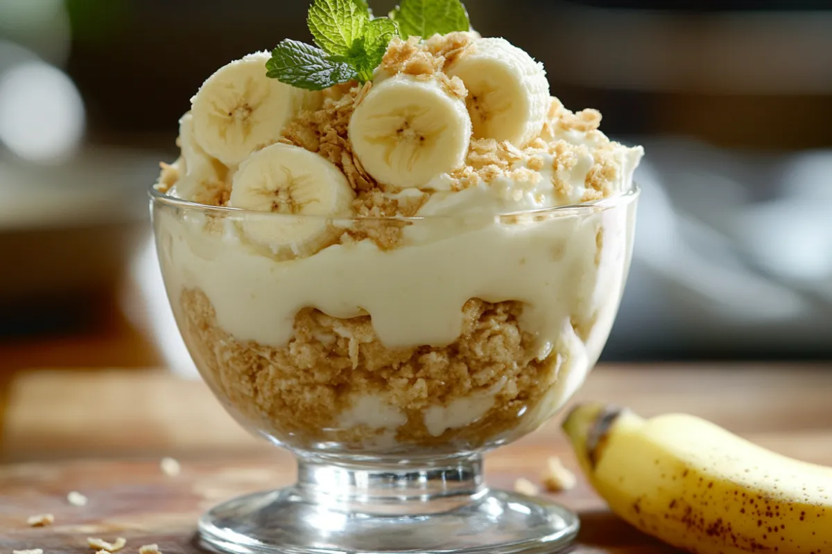 Sliced bananas submerged in pudding to prevent browning in banana dessert