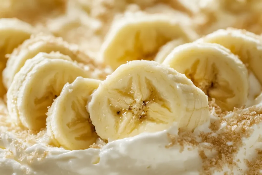 Sliced bananas submerged in pudding to prevent browning in banana dessert