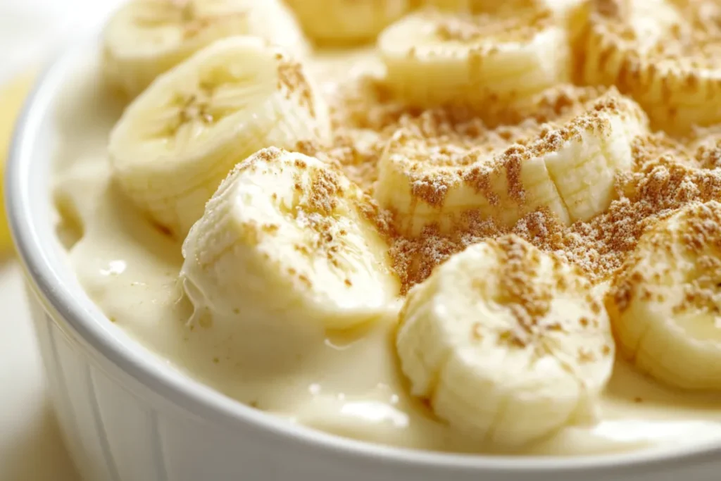 Sliced bananas submerged in pudding to prevent browning in banana dessert