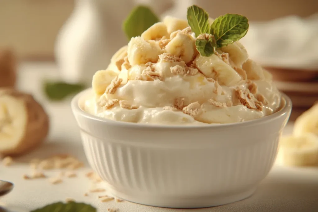 Close-up of Magnolia Bakery’s famous banana pudding, featuring layers of fresh bananas, creamy vanilla pudding, and Nilla wafers.