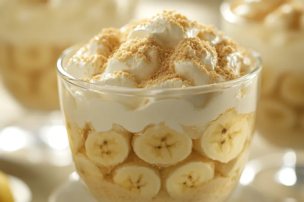 Close-up of Magnolia Bakery’s famous banana pudding, featuring layers of fresh bananas, creamy vanilla pudding, and Nilla wafers.