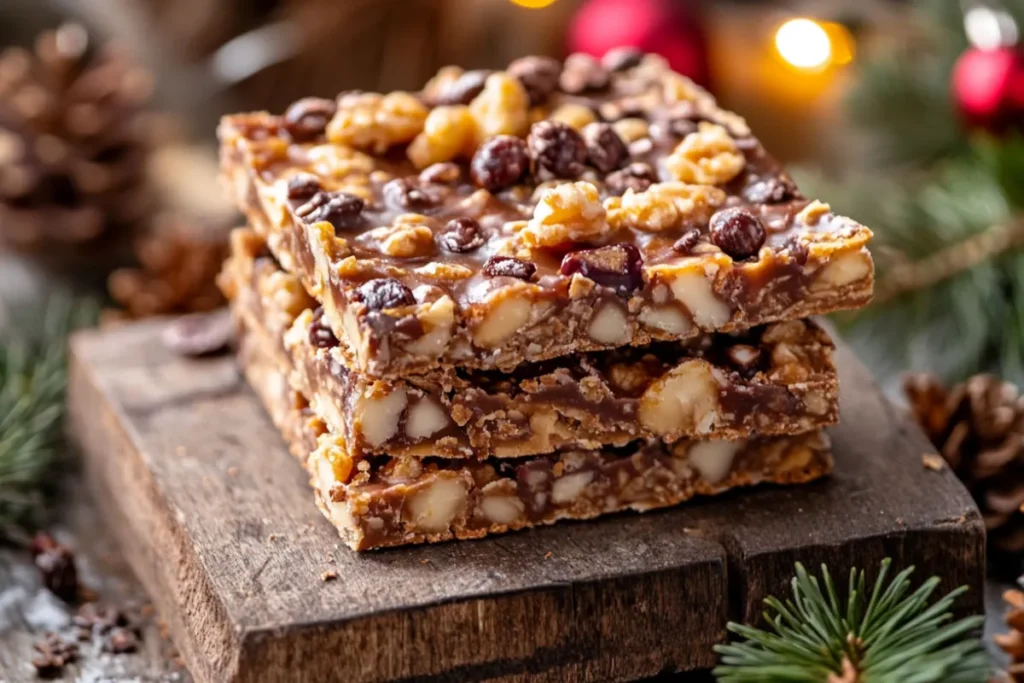 Close-up of chewy Christmas Crack with caramel and chocolate layers, highlighting the texture issues