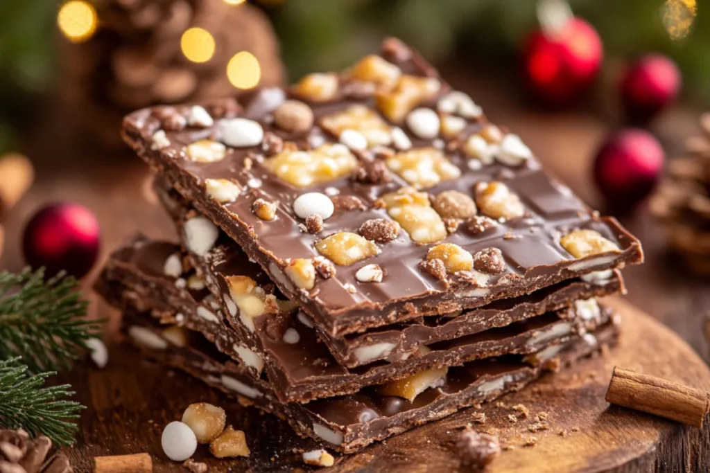 Close-up of chewy Christmas Crack with caramel and chocolate layers, highlighting the texture issues