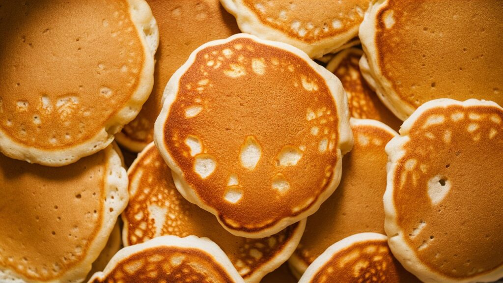 A close-up image of golden-brown pancakes stacked neatly, showcasing their fluffy texture and slightly crisp edges. The focus is entirely on the pancakes, highlighting their natural, warm appearance without any additional elements or toppings