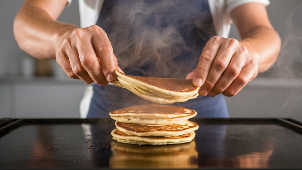 A stack of golden-brown buttermilk pancakes drizzled with maple syrup, topped with fresh berries and whipped cream, next to folded thin crepes garnished with lemon slices and powdered sugar on a breakfast table in a cozy kitchen setting.