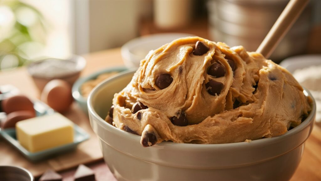 A close-up of a mixing bowl filled with smooth, creamy cookie dough mixed with chocolate chips, illustrating what makes cookie dough irresistible, set in a cozy kitchen with a wooden spoon resting in the dough.