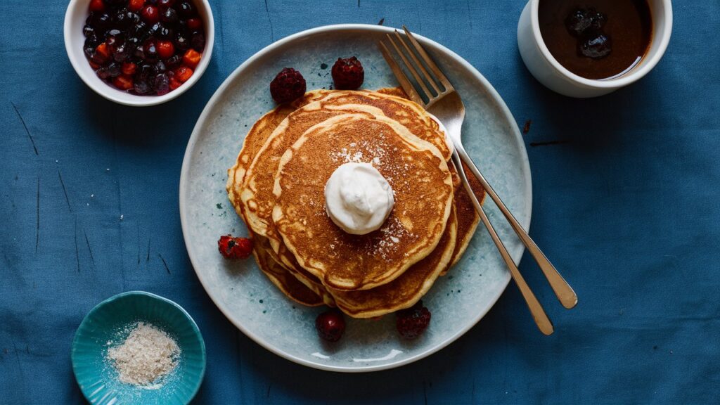 Sheet pan pancakes topped with fresh berries, whipped cream, and maple syrup, alongside a variety of other toppings like nuts and chocolate chips.