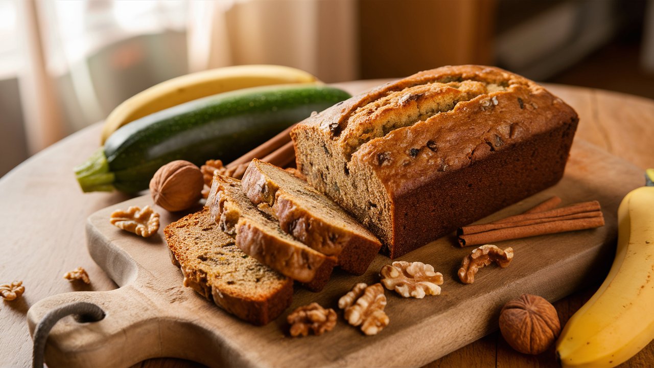 A freshly baked loaf of banana zucchini bread on a wooden cutting board, with a few slices cut to reveal the moist interior, surrounded by ripe bananas, zucchini, and walnuts.