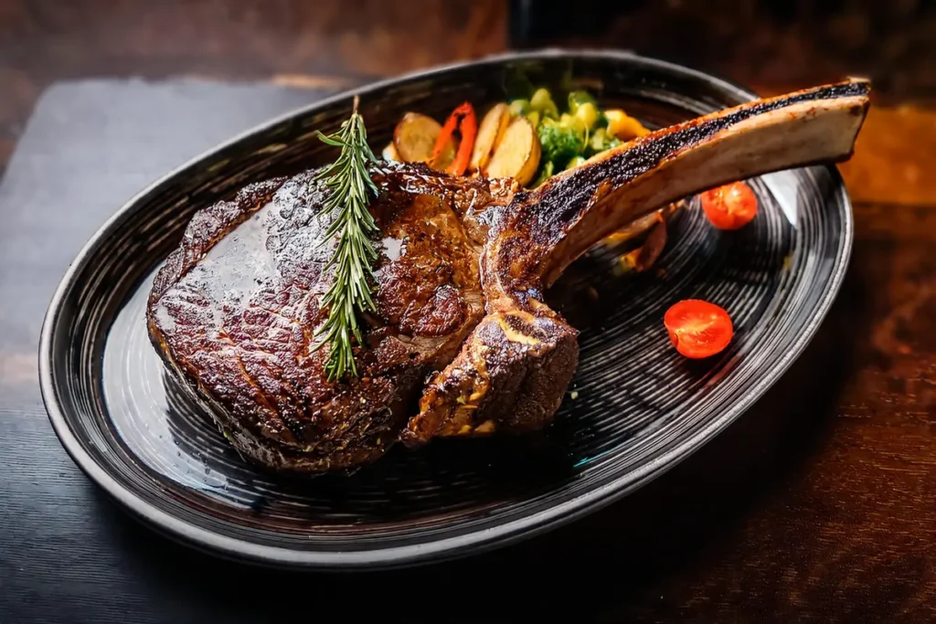 A perfectly cooked tomahawk steak showcasing its tenderness and rich marbling.