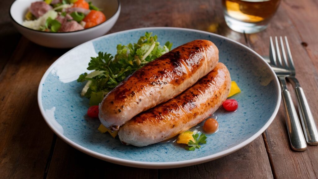 A plate of freshly grilled homemade chicken sausage served with roasted vegetables and garnished with fresh herbs.