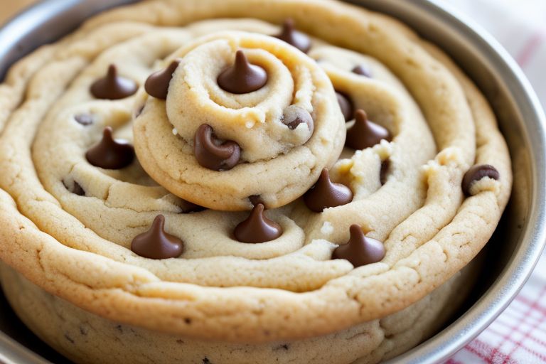 Close-up of a bowl of creamy cookie dough with chocolate chips on a wooden countertop, accompanied by a wooden spoon and a glass of milk in the background