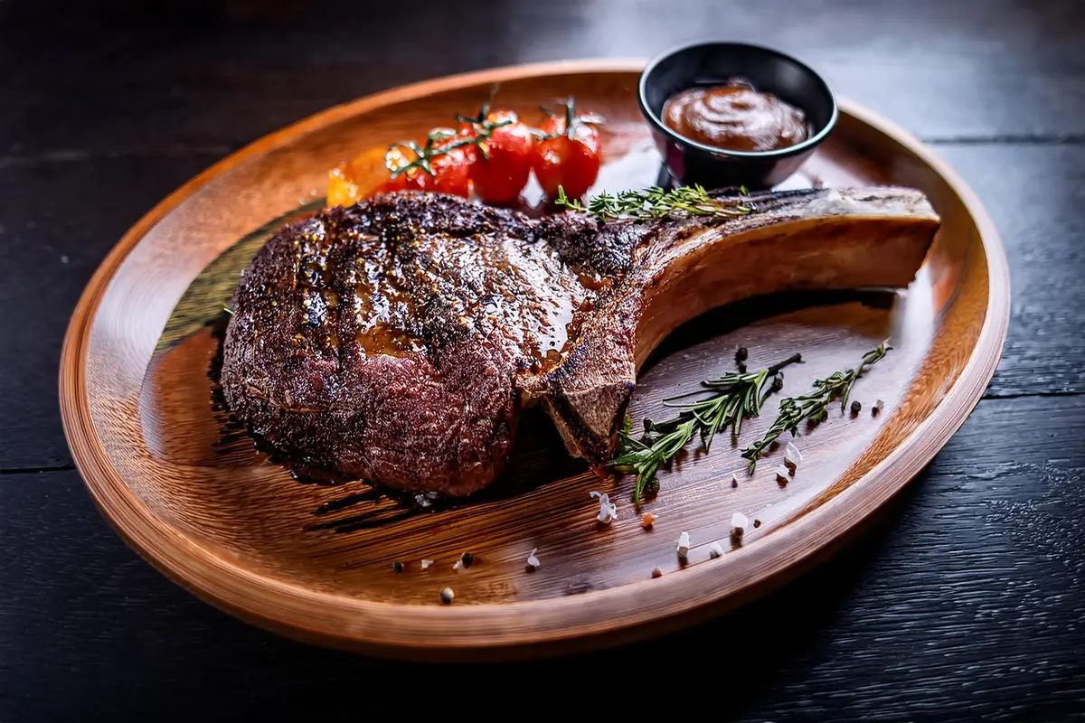 A perfectly cooked tomahawk steak showcasing its tenderness and rich marbling.