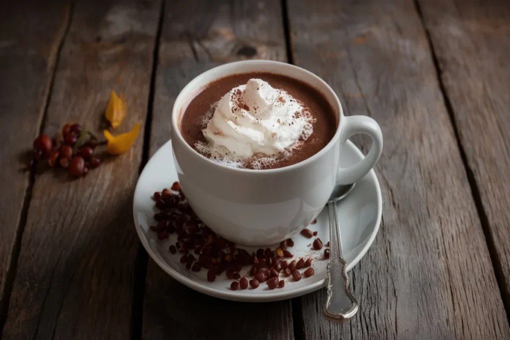 A steaming mug of rich, homemade hot cocoa topped with whipped cream and sprinkled with chocolate shavings, surrounded by marshmallows and cinnamon sticks.