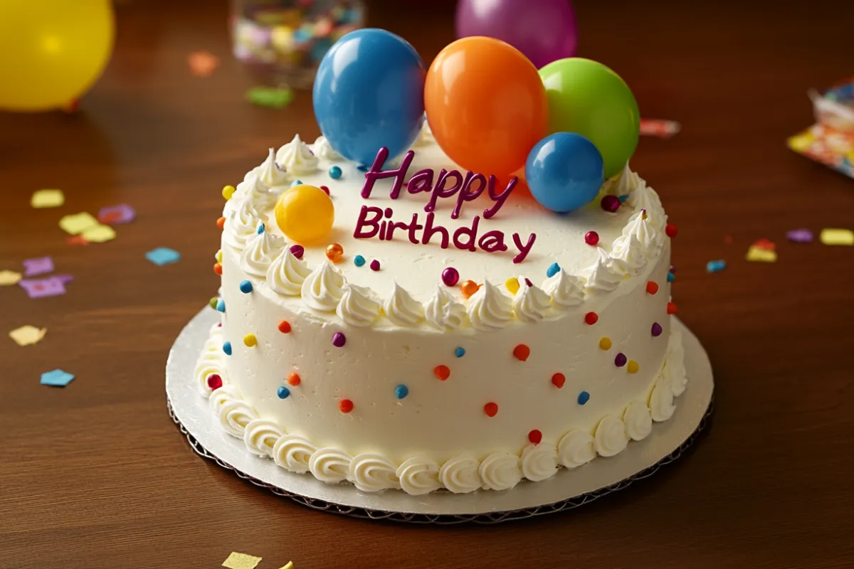 Costco birthday cake with white buttercream frosting, colorful balloon decorations, and a 'Happy Birthday' message on a festive party table.