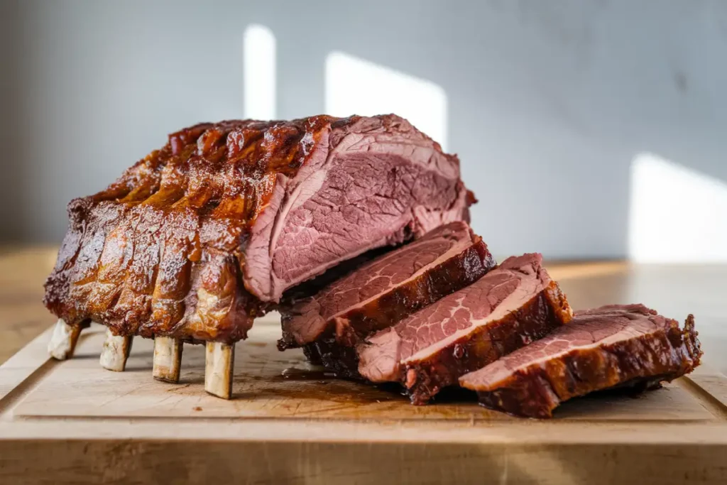 Beef back ribs, also known as rib bones or dinosaur ribs, grilled to perfection.