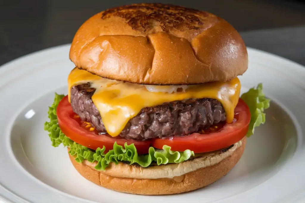 A gourmet bison burger on a plate with lettuce, tomato, and a side of sweet potato fries.