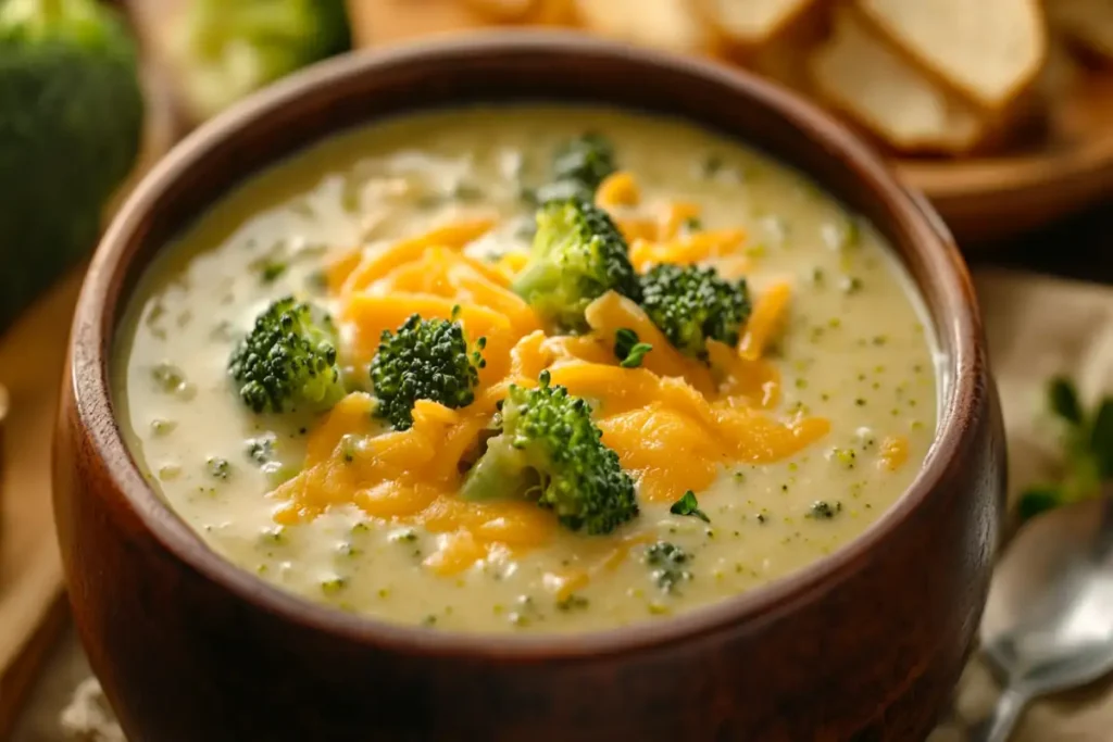 Instant Pot Broccoli Cheddar Soup in a bowl with melted cheese and tender broccoli.