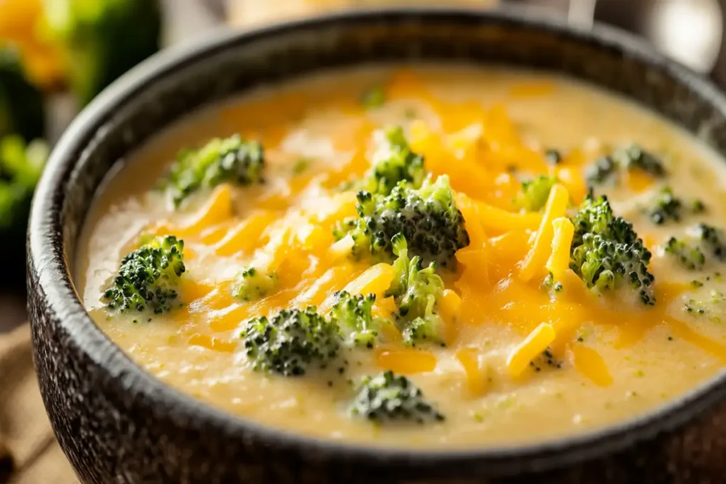 Instant Pot Broccoli Cheddar Soup in a bowl with melted cheese and tender broccoli.