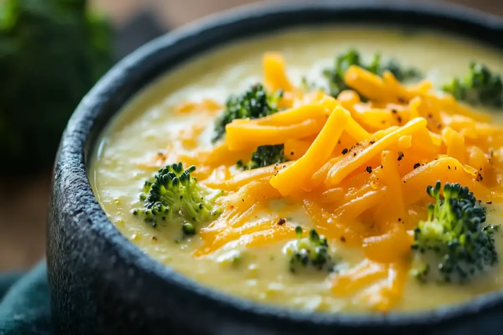 Instant Pot Broccoli Cheddar Soup in a bowl with melted cheese and tender broccoli.