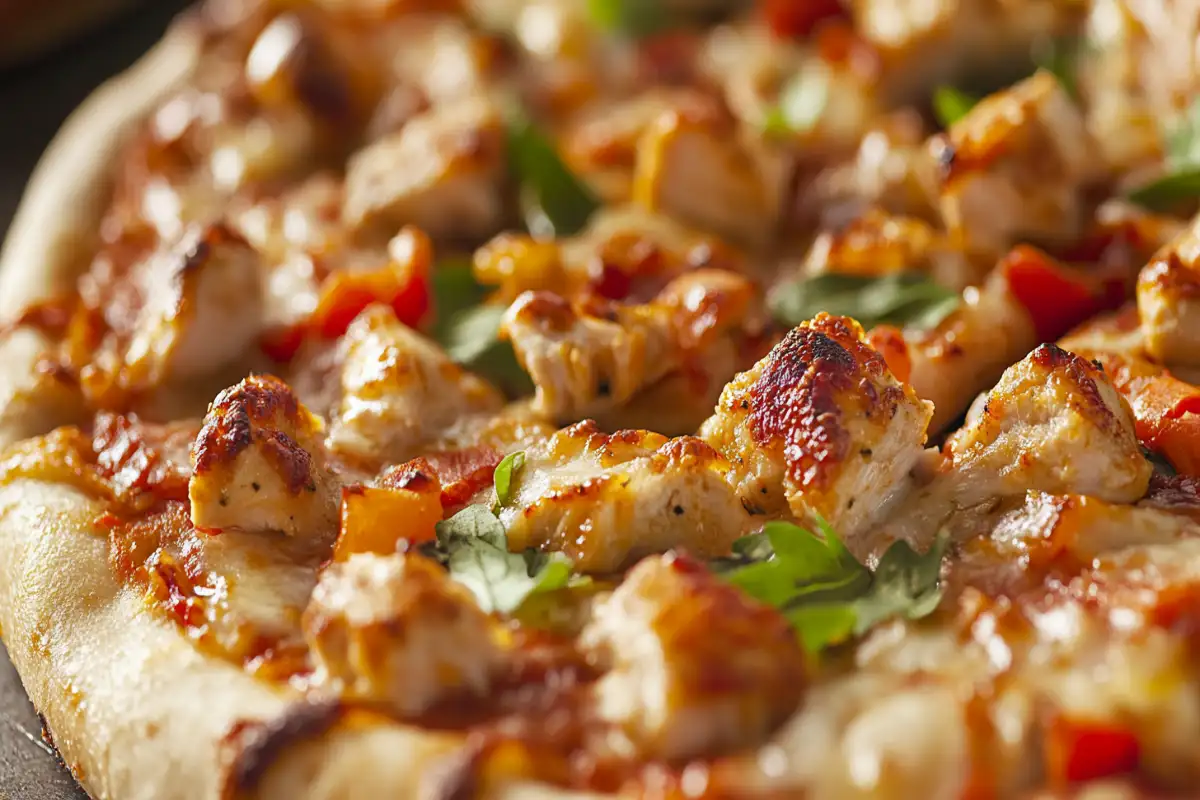 A close-up of a delicious pizza topped with grilled chicken, cheese, and vegetables, highlighting the versatility and appeal of chicken as a pizza topping.