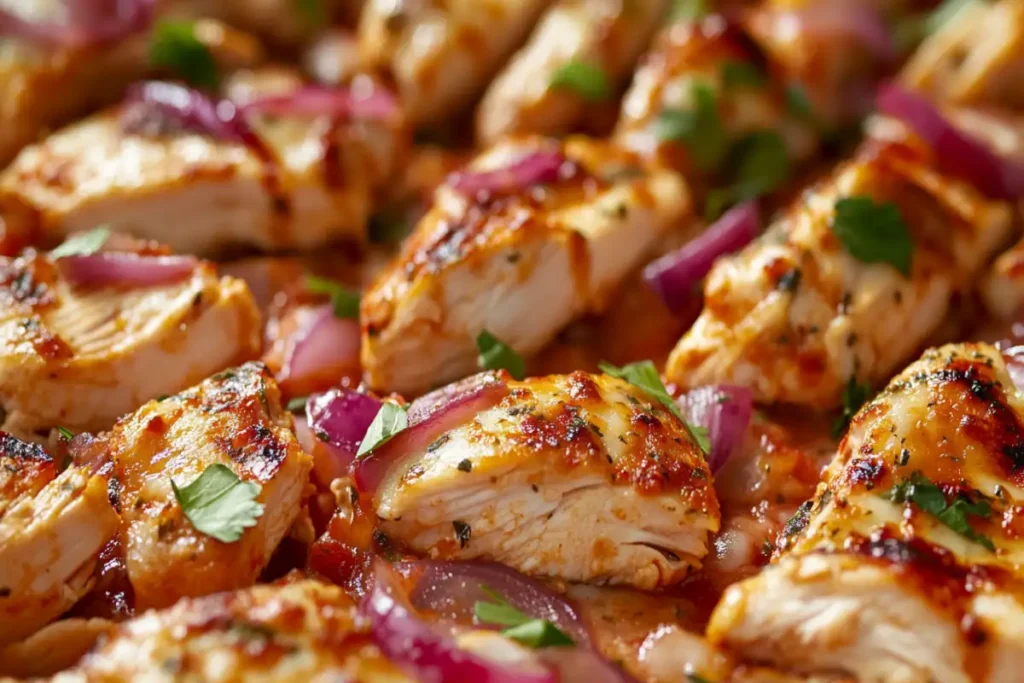 A close-up of a delicious pizza topped with grilled chicken, cheese, and vegetables, highlighting the versatility and appeal of chicken as a pizza topping.