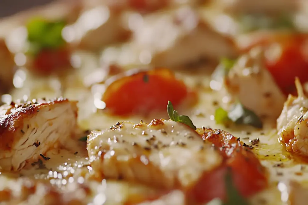 A close-up of a delicious pizza topped with grilled chicken, cheese, and vegetables, highlighting the versatility and appeal of chicken as a pizza topping.