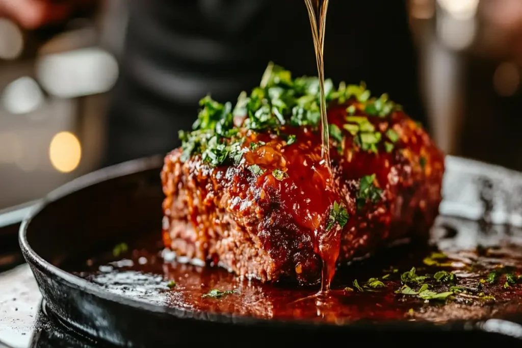 A meatloaf resting on slices of bread to soak up grease, with vegetables arranged around the loaf for flavor and moisture absorption.