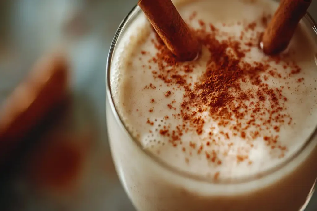 A glass of Puerto Rican Coquito with a cinnamon stick, representing what Coquito stands for.