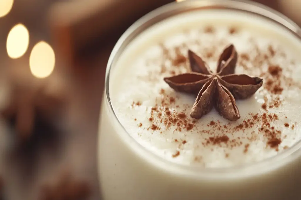 A glass of Puerto Rican Coquito with a cinnamon stick, representing what Coquito stands for.