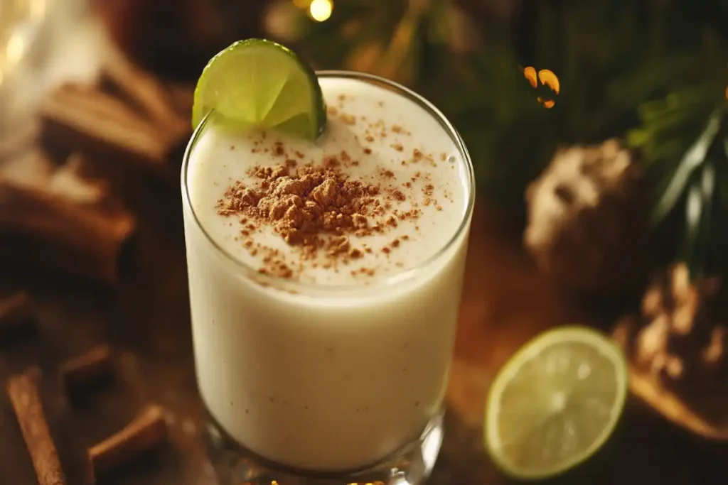 A glass of Puerto Rican Coquito with a cinnamon stick, representing what Coquito stands for.