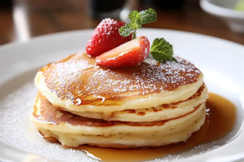 A stack of golden pancakes with syrup, demonstrating how to make a pancake in 4 steps.