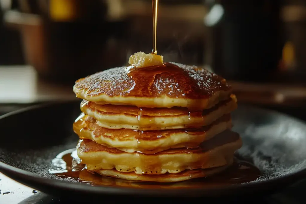 A bowl of pancake mix ingredients including flour, sugar, baking powder, and salt, ready to be mixed.