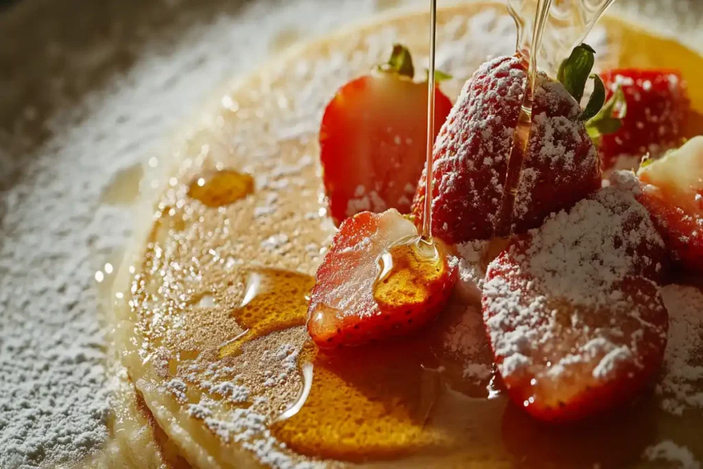 A bowl of pancake mix ingredients including flour, sugar, baking powder, and salt, ready to be mixed.