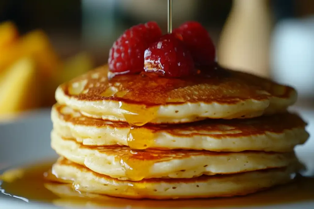 A bowl of pancake mix ingredients including flour, sugar, baking powder, and salt, ready to be mixed.