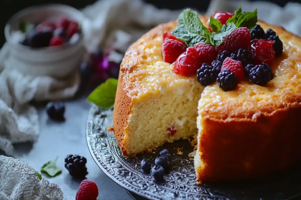 A moist, golden cake slice with a yogurt-infused batter, showing how yogurt enhances the texture and flavor of cake mix.