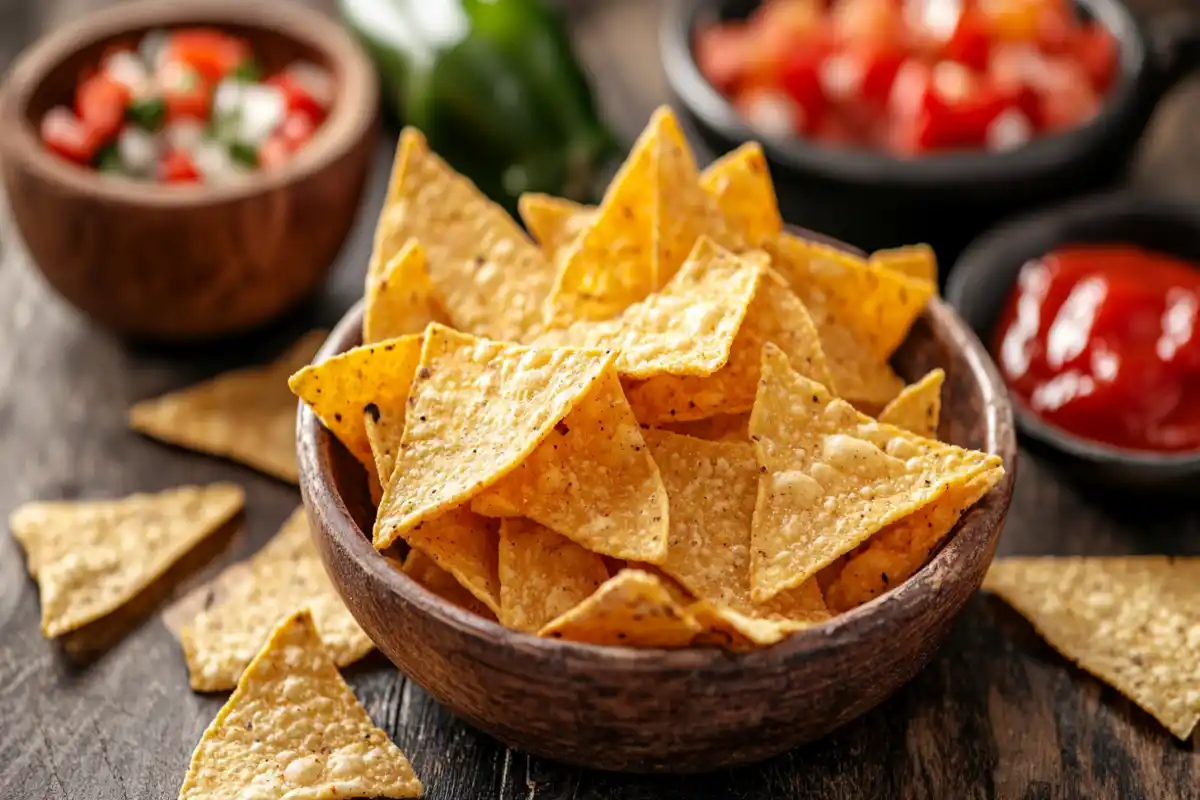 A bowl of mixed corn and flour tortilla chips, showcasing the differences in color and texture between the two types.