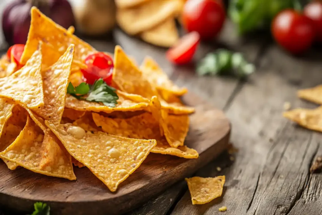 A bowl of mixed corn and flour tortilla chips, showcasing the differences in color and texture between the two types.