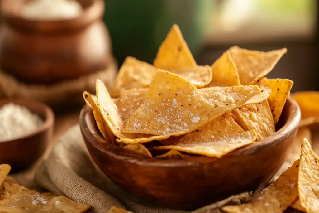 A bowl of mixed corn and flour tortilla chips, showcasing the differences in color and texture between the two types.