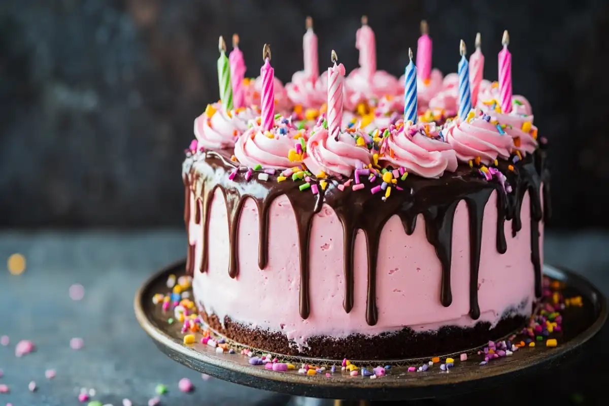 Homemade birthday cake decorated with fresh fruits and colorful sprinkles.