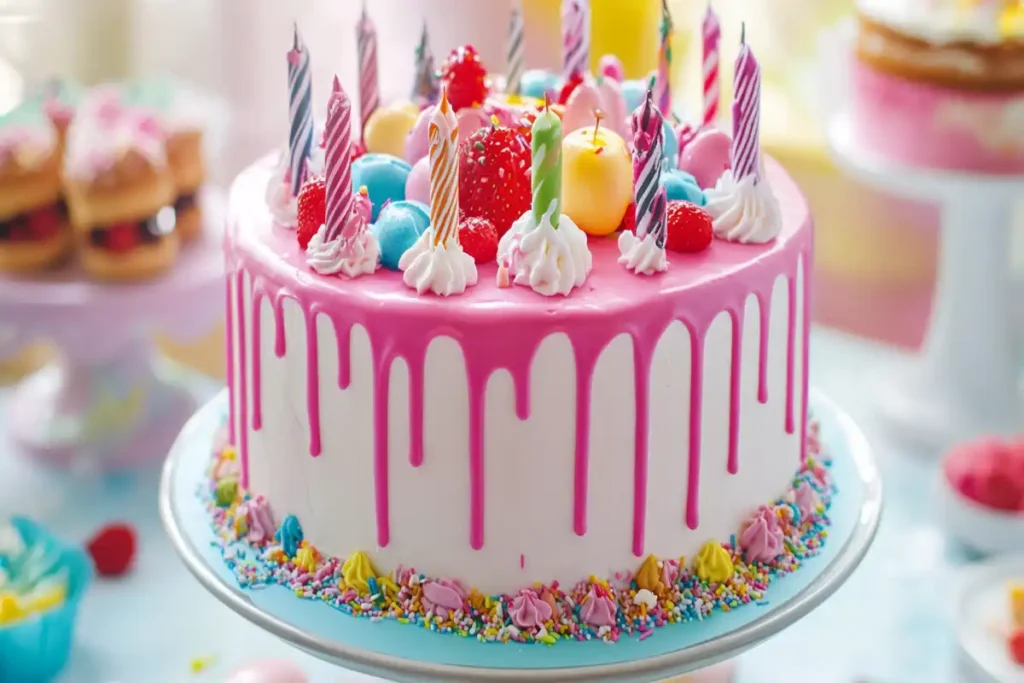 A beautifully decorated birthday cake with candles, showcasing various design elements that influence the cost, including size, decorations, and customizations.