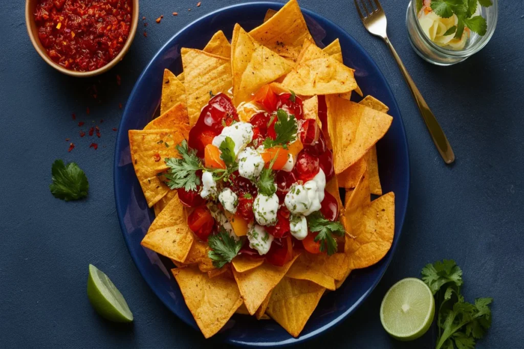 A bowl of freshly made, golden-brown Mexican chips, served with a side of salsa and guacamole, garnished with lime wedges and cilantro.