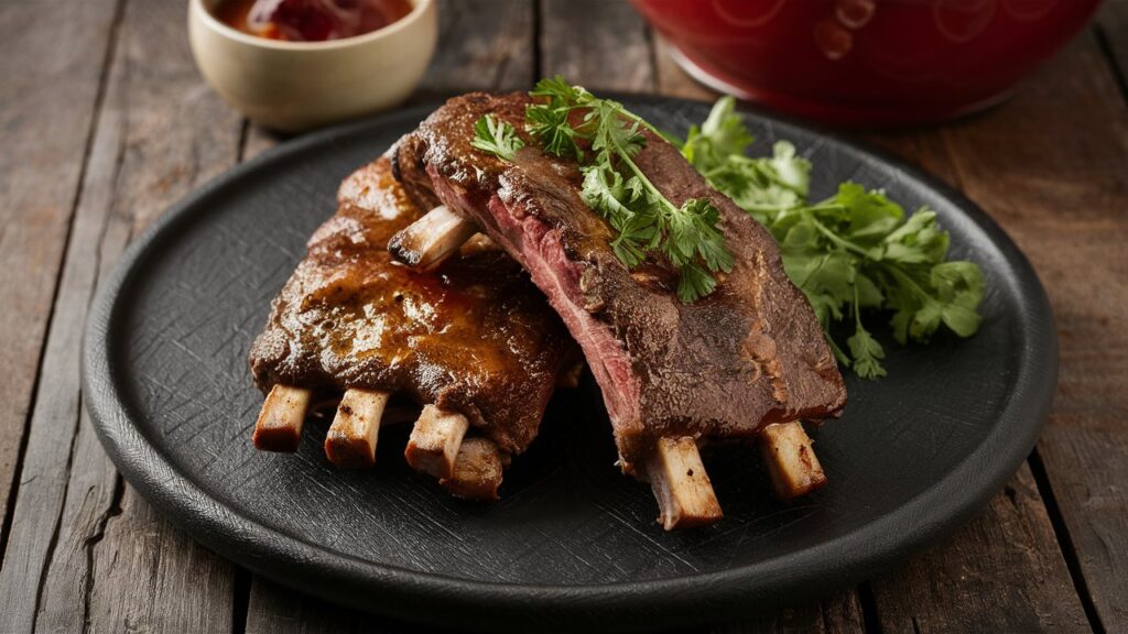 Juicy beef back ribs glazed with a rich, smoky barbecue sauce, served on a wooden platter with a side of coleslaw and grilled vegetables.